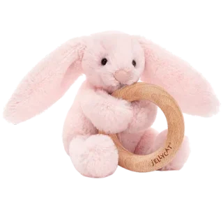 Bashful Pink Bunny Wooden Teething Ring & Rattle