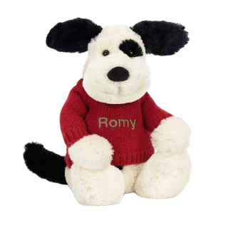Bashful Rufferty Black & Cream Puppy with Personalised Red Jumper