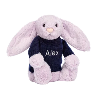 Bashful Lilac Bunny with Personalised Navy Jumper