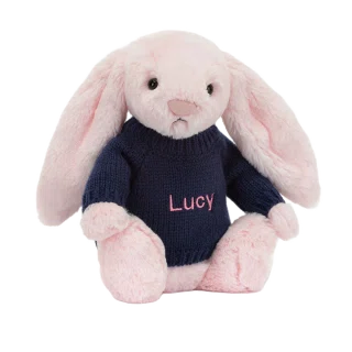 Bashful Pink Bunny with Personalised Navy Jumper