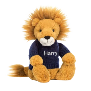 Bashful Lion with Personalised Navy Jumper