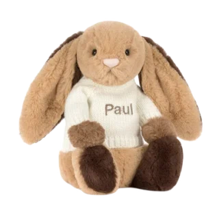 Bashful Patchwork Brown Bunny with Personalised Cream Jumper