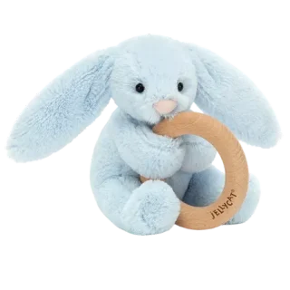 Bashful Blue Bunny Wooden Teething Ring & Rattle