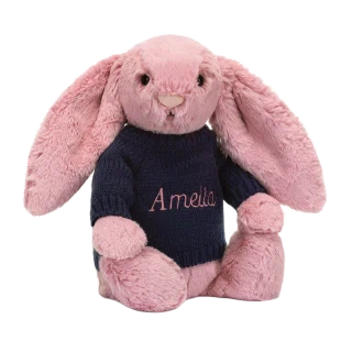 Bashful Tulip Pink Bunny with Personalised Navy Jumper