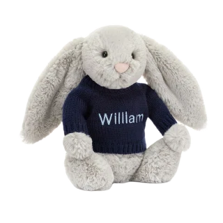 Bashful Silver Bunny with Personalised Navy Jumper
