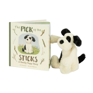 The Pick of the Sticks Book and Bashful Black & Cream Puppy Medium