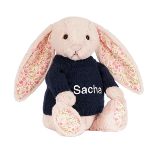 Blossom Blush Bunny 'Cherry' with Personalised Navy Jumper
