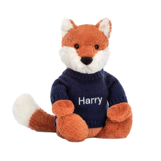 Bashful Fox Cub with Personalised Navy Jumper