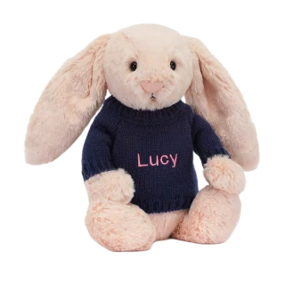 Bashful Blush Bunny with Personalised Navy Jumper