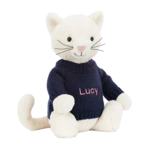 Bashful Cream Kitten with Personalised Navy Jumper