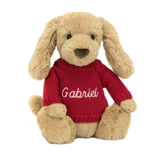 Bashful Toffee Puppy with Personalised Red Jumper