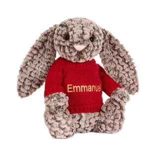 Bashful Luxe Bunny Pine with Personalised Red Jumper