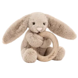 Bashful Beige Bunny Wooden Teething Ring & Rattle