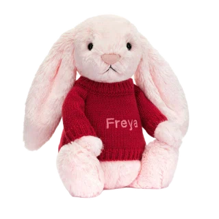 Bashful Pink Bunny with Personalised Red Jumper