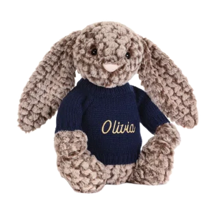 Bashful Luxe Bunny Pine with Personalised Navy Jumper