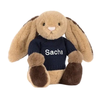 Bashful Patchwork Brown Bunny with Personalised Navy Jumper