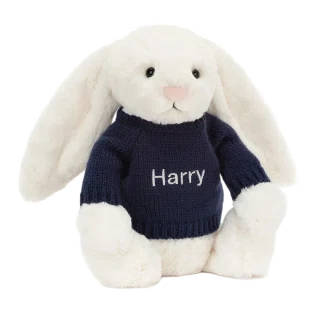 Bashful Cream Bunny with Personalised Navy Jumper