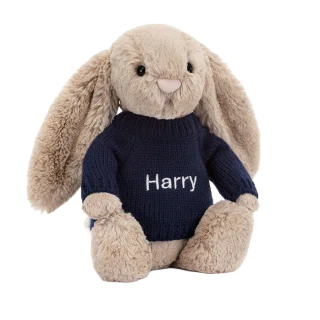 Bashful Beige Bunny with Personalised Navy Jumper