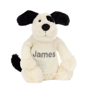 Bashful Rufferty Black & Cream Puppy with Personalised Cream Jumper