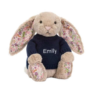 Blossom Beige Bunny 'Petal' with Personalised Navy Jumper