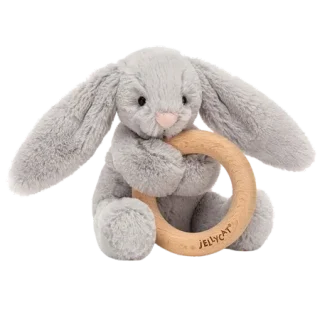Bashful Silver Bunny Wooden Teething Ring & Rattle