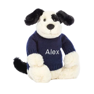 Bashful Rufferty Black & Cream Puppy with Personalised Navy Jumper