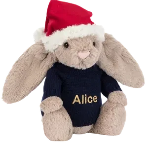 Bashful Christmas Bunny with Personalised Navy Jumper