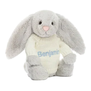 Bashful Silver Bunny with Personalised Cream Jumper