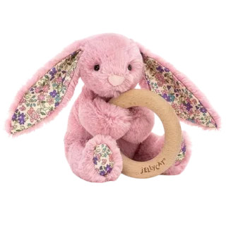 Blossom Tulip Pink Bunny Wooden Teething Ring & Rattle