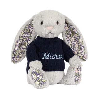 Blossom Silver Bunny 'Bloom' with Personalised Navy Jumper