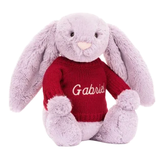 Bashful Lilac Bunny with Personalised Red Jumper